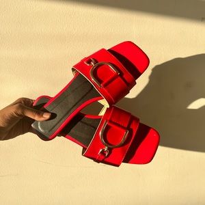 SHEIN Red Faux Leather/ Gold Buckle Flats
